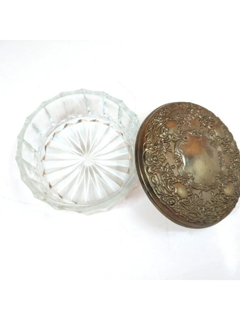 Vintage Glass Powder Jar With Ornate Brass Lid Trinket Box Vanity Storage